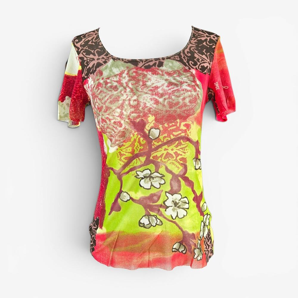 Euro Y2k Mesh Top Short-Sleeved T-Shirt Semi Sheer - Small